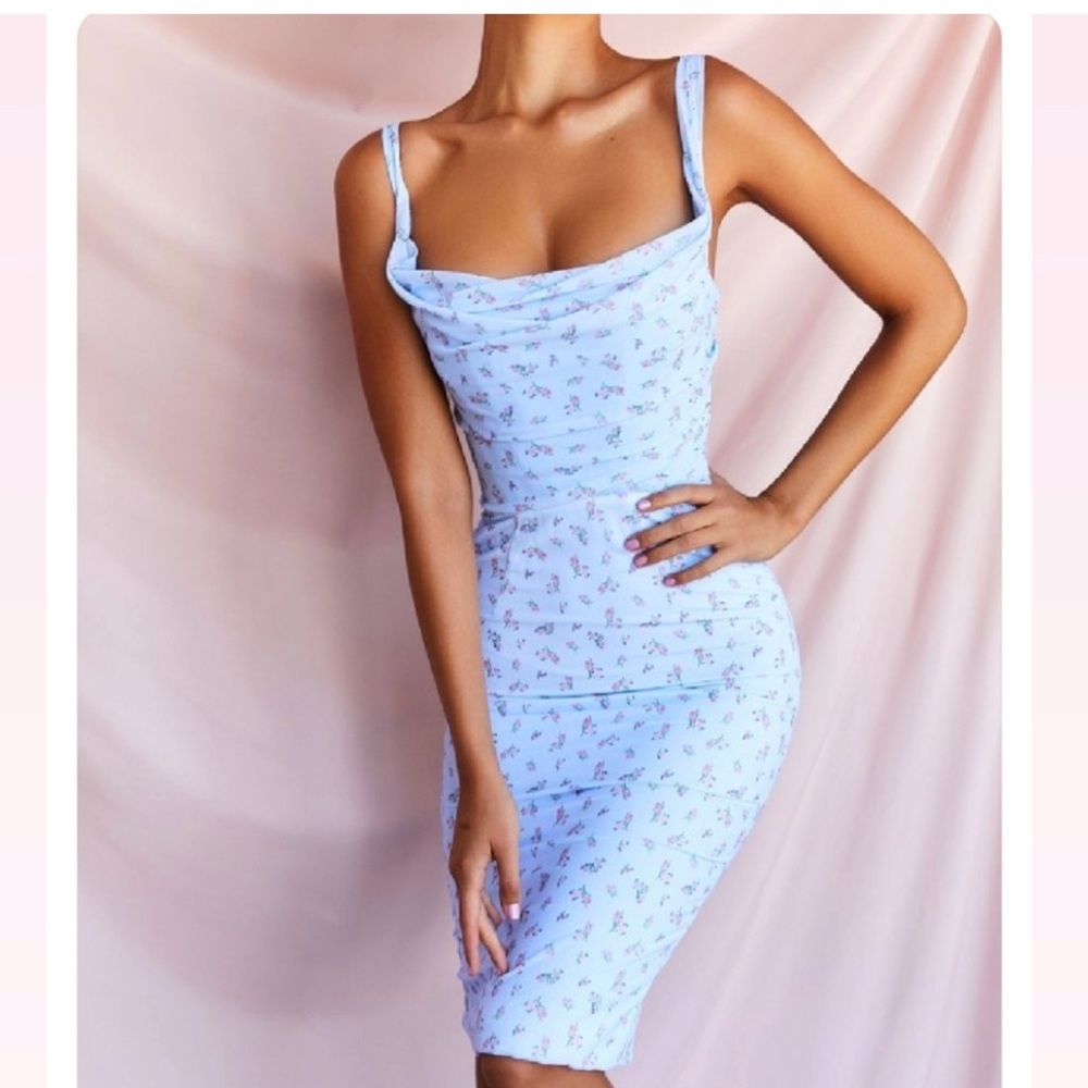 House of CB Bellina Blue Floral Corset  Midi Dress Size Small